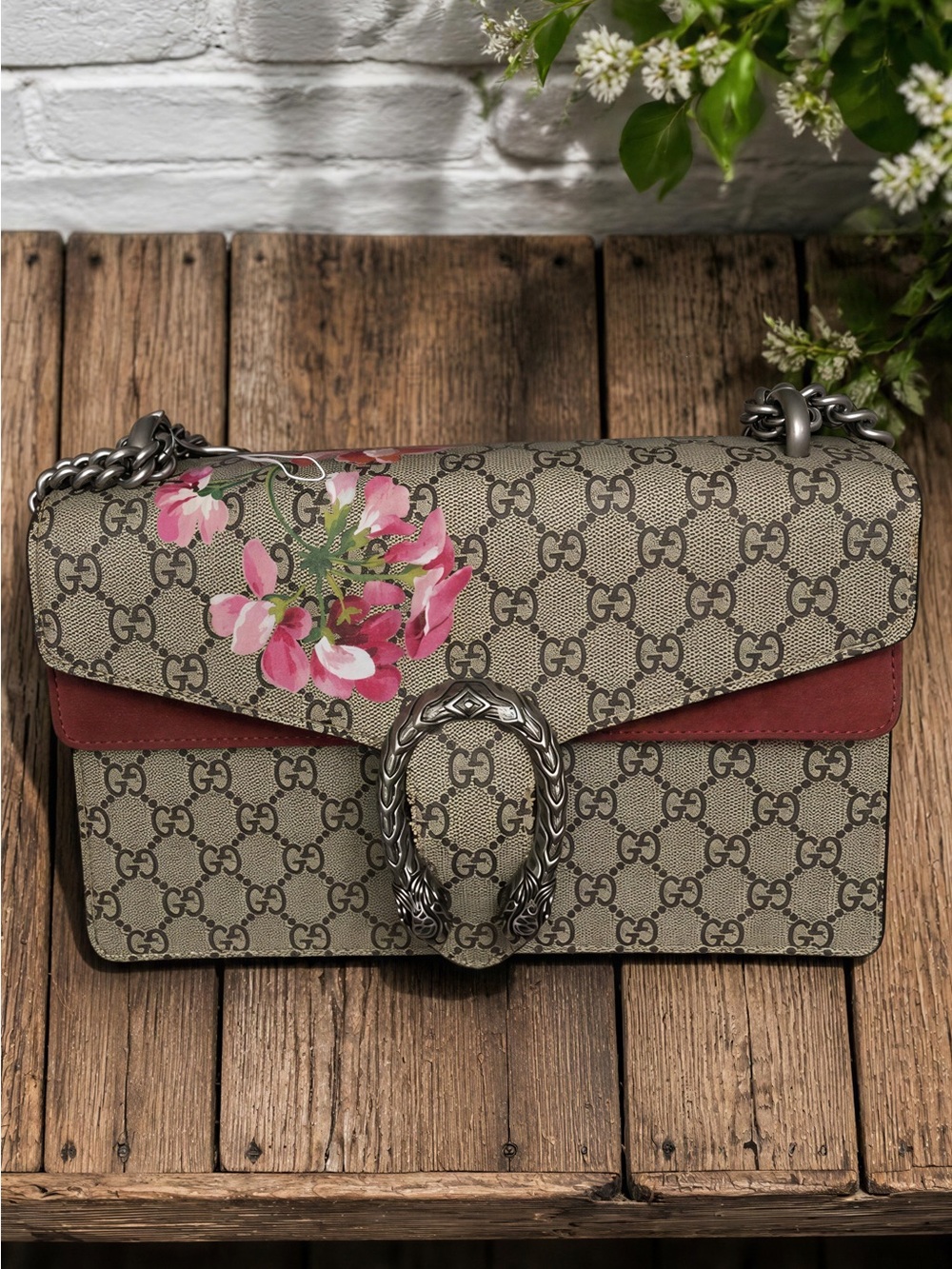 Gucci Beige GG Supreme Shoulder Bag with Pink Floral Accent